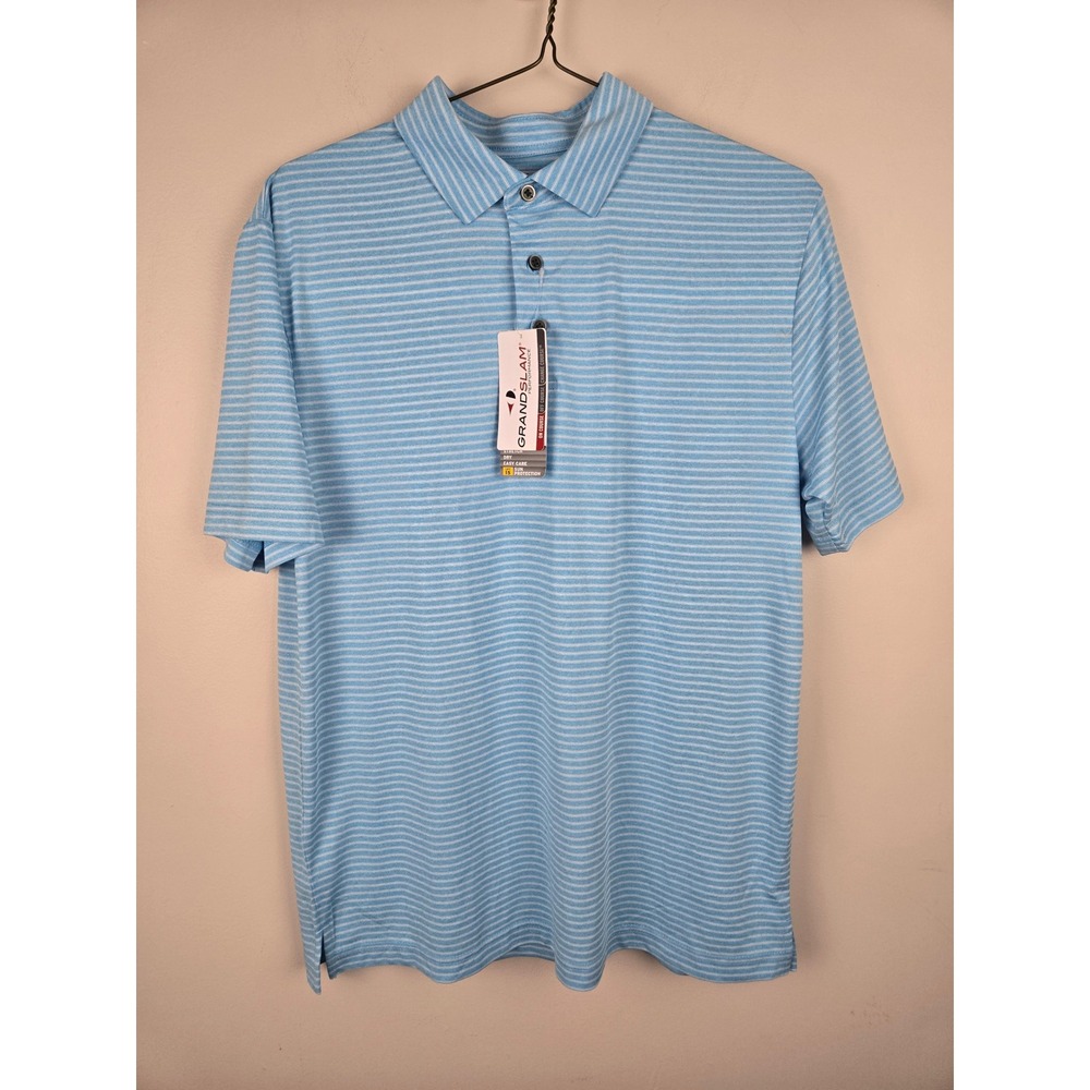 Grand Slam Performance Mens Blue Striped Short Sleeve Golf Polo Shirt Size M NEW